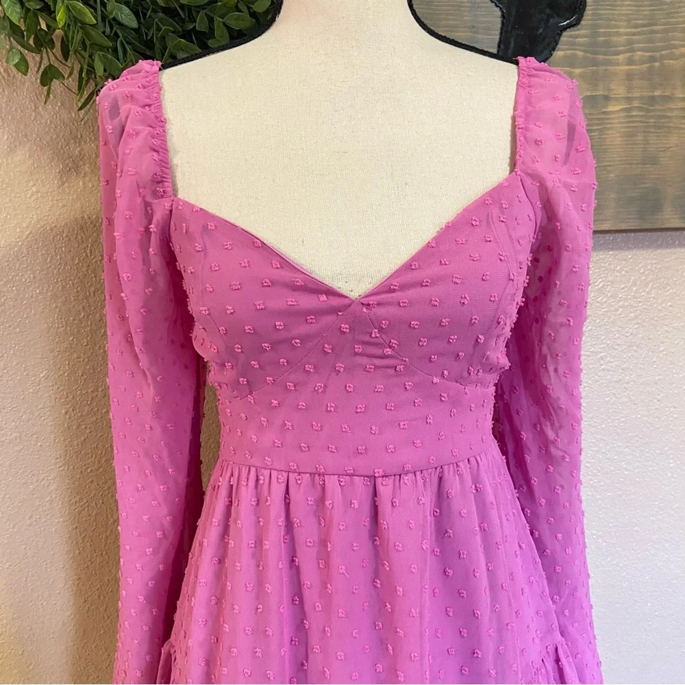 NWOT Lulus Longing And Love Pink Swiss Dot Puffed Long Sleeve Mini Dress_3